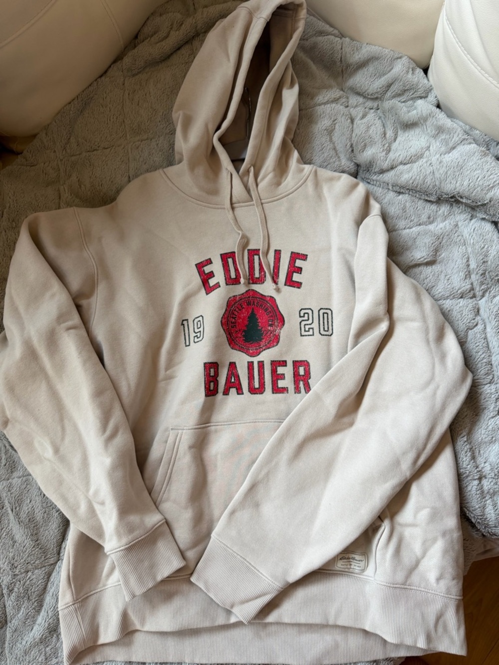 Eddie Bauer Cream Hoodie with Red Logo
